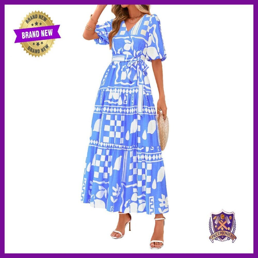 Women's Maxi Dress Boho Floral V Neck Puff Sleeve Ruffle Flowy Beach